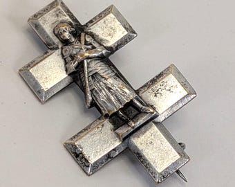 Antique French Silver Plated Brooch Joan of Arc with Lorraine Cross 4cm High