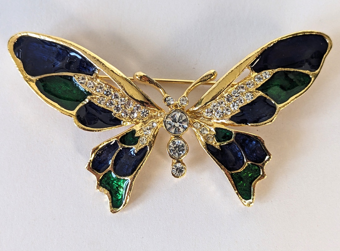 Vintage Butterfly Brooch Pin Enamel and Rhinestones on Metal Etsy