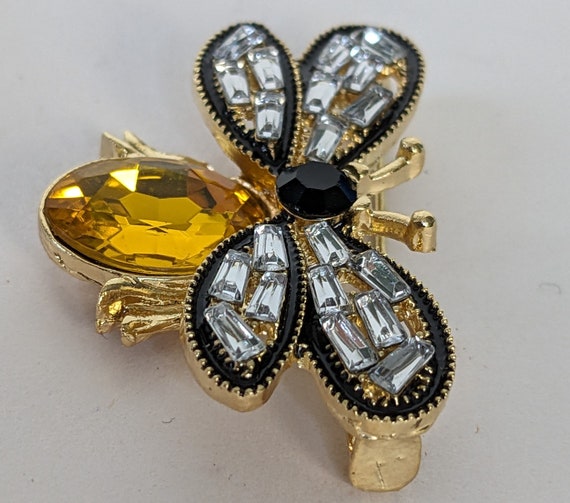 Vintage Golden Crystal Bee Brooch Faceted Rhinest… - image 2