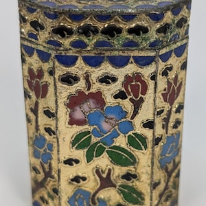 Antique Snuff Box Octagonal Jar Chinese Cloisonne Enamel Gilded Floral Small