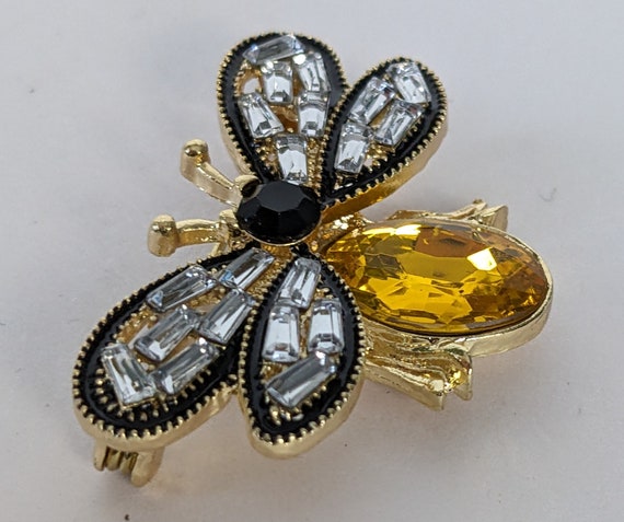 Vintage Golden Crystal Bee Brooch Faceted Rhinest… - image 1