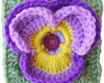 Pansy Flower Granny Square Crochet Pattern: 3D Floral Afghan Block (PDF Pattern)