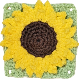 3D Crochet Sunflower Granny Square, Floral Afghan Block, DIY Textured Square, Easy Crochet Pattern, Home Decor Project