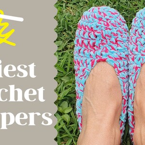 May include: A pair of crocheted slippers in blue and pink, with a crochet hook and yarn in the top left corner. The text "Easiest Crochet Slippers" is in white on a gray background.