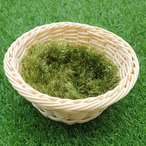 May include: A light beige wicker basket with a green, fluffy, sparkly material inside.
