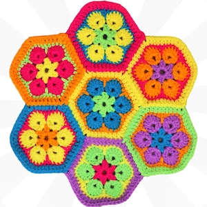 Op de afbeelding: Een kleurrijk, handgemaakt haakwerk bestaande uit zeven zeshoekige vormen. Elke zeshoek heeft een bloemmotief in levendige kleuren zoals roze, geel, oranje, blauw en groen. Het stuk is waarschijnlijk een decoratief item of onderdeel van een groter knutselproject.