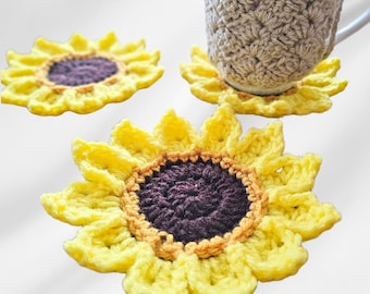 Dessous de verre tournesol au crochet pour débutant | Décoration d'intérieur facile à faire soi-même | Télécharger le patron de sous-bocks Sunbeam Blossom