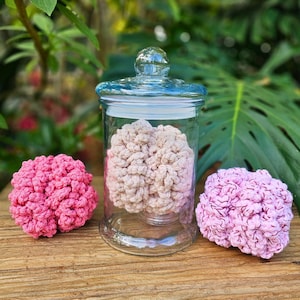 May include: A clear glass apothecary jar with a light blue lid contains a beige crocheted item. Two crocheted items, one pink and one light purple, sit beside the jar. The items are on a wooden surface with green foliage in the background.
