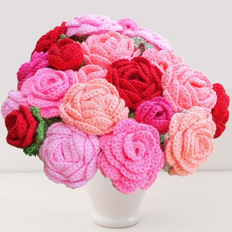 Rose Bouquet in a Vase crochet flower pattern listing photo by TheSecretYarnery