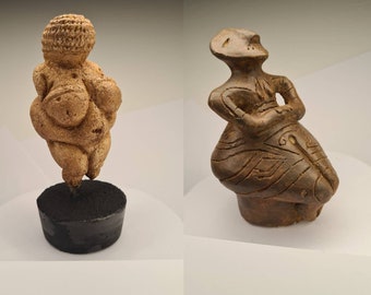 Conjunto de 2 piezas: Venus de Willendorf y Venus de Pazardzhik, figuras prehistóricas de diosas de arenisca, energía divina femenina.