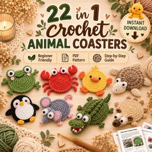 Peut inclure: Un modèle PDF numérique pour 22 dessous de verre animaux au crochet incluant une grenouille, un crabe, un poussin, une tortue, un pingouin, une souris, un crocodile et un hérisson. L'image affiche le texte 22 in 1 CROCHET ANIMAL COASTERS.