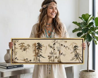 Japanese Wall Art, Panoramic Wabi Sabi Pine Forest Print, Neutral Japandi Ink Landscape