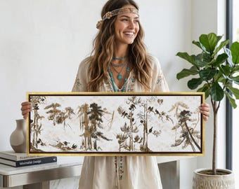 Japandi Wall Art, Japanese Ink Pine Trees and Birds, Panoramic Neutral Landscape Print