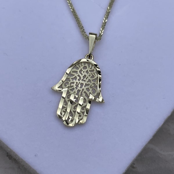Hamsa style knitted necklace, protective amulet pendant 14k gold