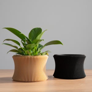Peut inclure: Deux jardinières décoratives, l'une contenant une plante verte. La première jardinière est beige, avec un design nervuré. La seconde jardinière est noire, également avec un design nervuré. Les deux ont une forme incurvée en sablier.