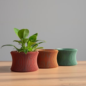 Könnte beinhalten: Drei dekorative Pflanzgefäße in Rot-, Orange- und Grüntönen. Die Pflanzgefäße haben ein geripptes Design und stehen auf einer Holzoberfläche. Eines enthält eine kleine grüne Pflanze.