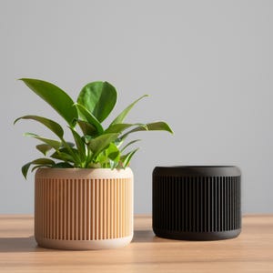 May include: Two cylindrical planters, one beige and one black, sit on a wooden surface. The beige planter, with vertical grooves, holds a green plant. The black planter, also grooved, is empty. Both planters have a modern, minimalist design.