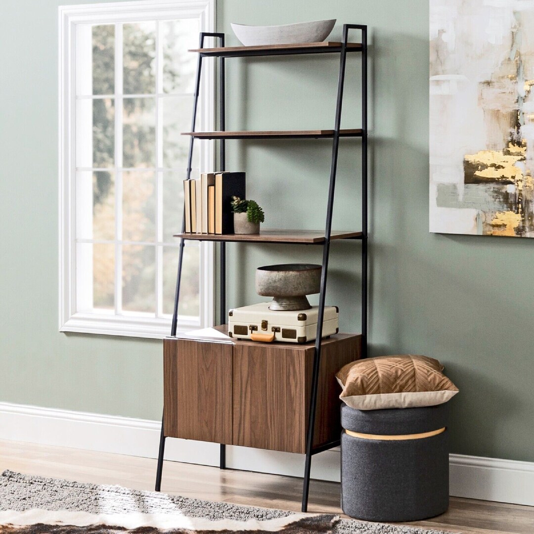 4 Tier Ladder Shelf With Storage Wooden Shelf Metal Corner