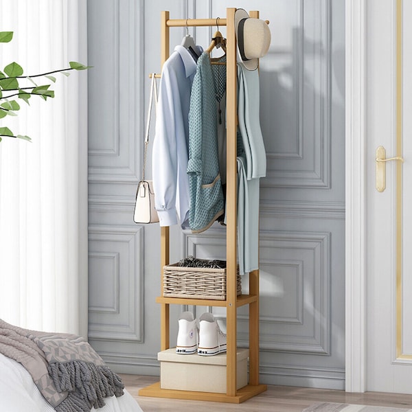 Bamboo Coat Rack- Corner Garment Rack with Hanging Rail and Side Hooks- Shelving Unit for Clothes, Shoes, Hat, Bags, Ornament- Home Decor