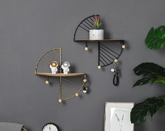 Metal Fan-Shaped Floating Shelf- Unique Wall Mounted Storage Organizer with hooks- Geometric Wall Storage Décor for Bedroom, living room