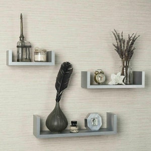 Floating Shelves- Set of 3 U-Shaped Shelves, Wall Mounted Storage Decor- Book, Frame, Pots Shelving Unit for Bedroom, Living room, Office.