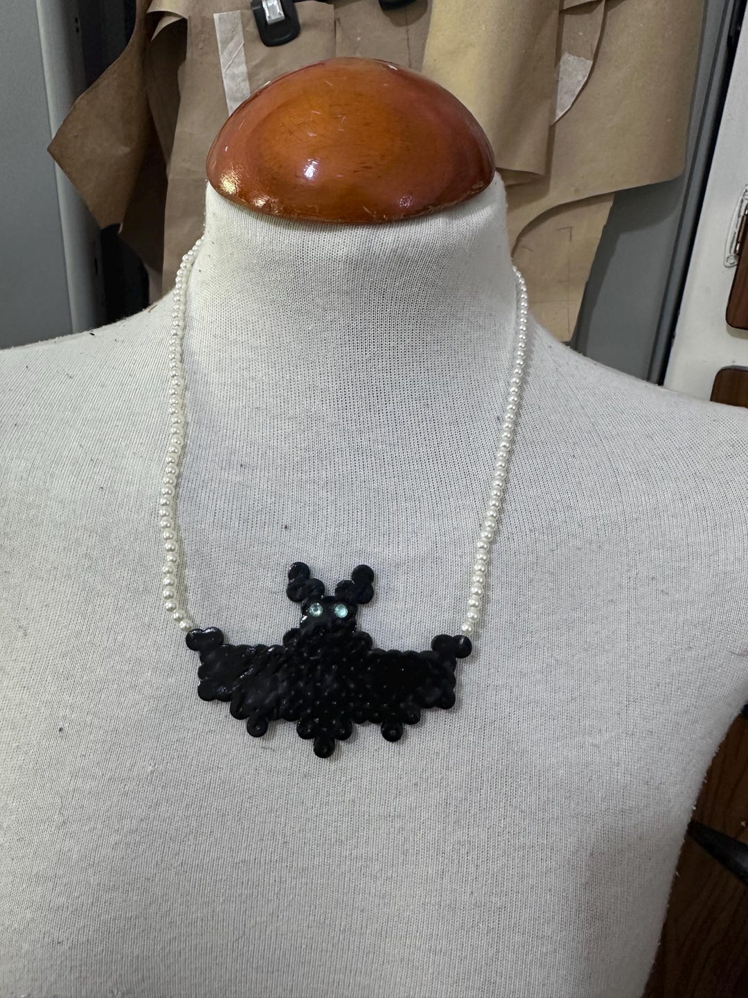 Unique Choker: White Pearls With a Black Hama Beads Bat and Sky Blue ...