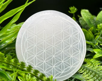 May include: A white selenite charging plate with a carved flower of life design. The plate is round and has a smooth, polished surface.