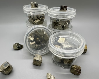 Golden Pyrite Cubes in Box: Shiny Mineral Collection
