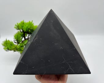 May include: A black pyramid-shaped decorative object with white veining. The pyramid is held in a hand and has a smooth, polished surface. A small green plant is in the background.