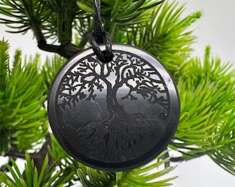 Shungite Tree of Life Pendant: EMF Protection Healing Stone