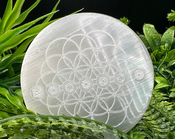 May include: White selenite charging plate with a carved flower of life design and seven chakra symbols.