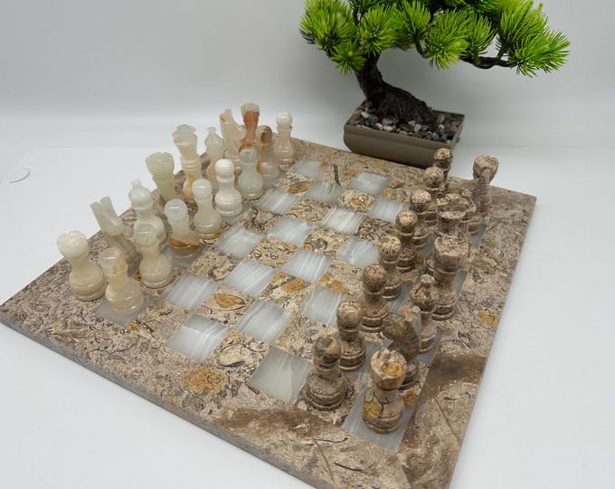Featured listing image: Handmade Onyx & Fossil Chess Set with Chessboard