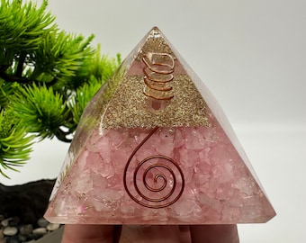 Handmade Rose Quartz Orgonite Pyramid: Healing Crystal Decor