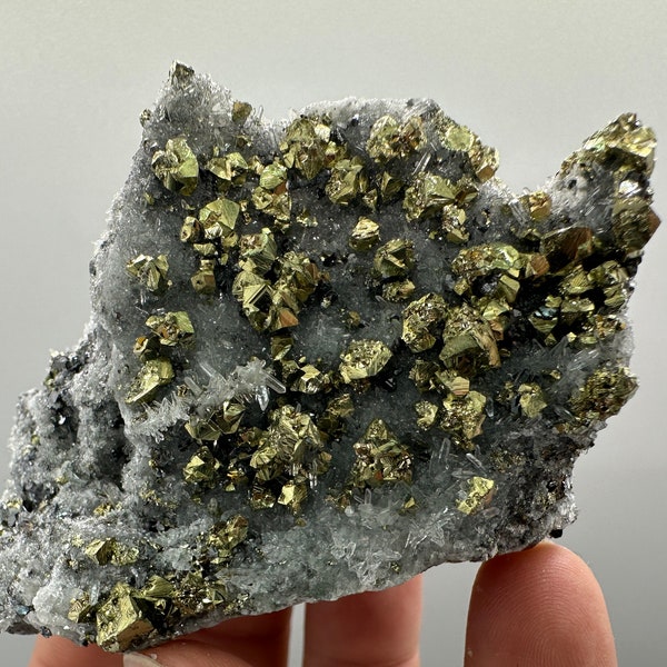 Wonderful Chalcopyrite on Quartz whit Chlorite natural minerals souvenir crystal gift collection homes decor stone Borieva mine Bulgaria