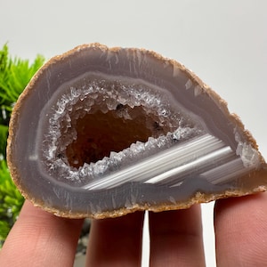 Könnte beinhalten: Ein Geoden-Querschnitt mit einem glatten, hellvioletten Außenband und einem zentralen Hohlraum, der mit kleinen, klaren, funkelnden Kristallen ausgekleidet ist. Der Stein hat einen rauen, beigefarbenen Außenrand und eine weiße Mineralader.