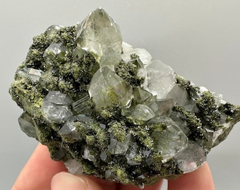 May include: A cluster of clear quartz crystals with green epidote inclusions. The crystals are clustered together in a natural formation, with some of the crystals showing a slight green tint.