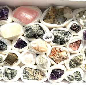 Op de afbeelding: Een verzameling van diverse ruwe mineraalspecimens en kristallen, individueel verpakt in witte stof en gerangschikt in een kartonnen doos. Het assortiment bevat paarse amethist, rozenkwarts, metallieke pyriet en groene mineralen met het nummer 2176.