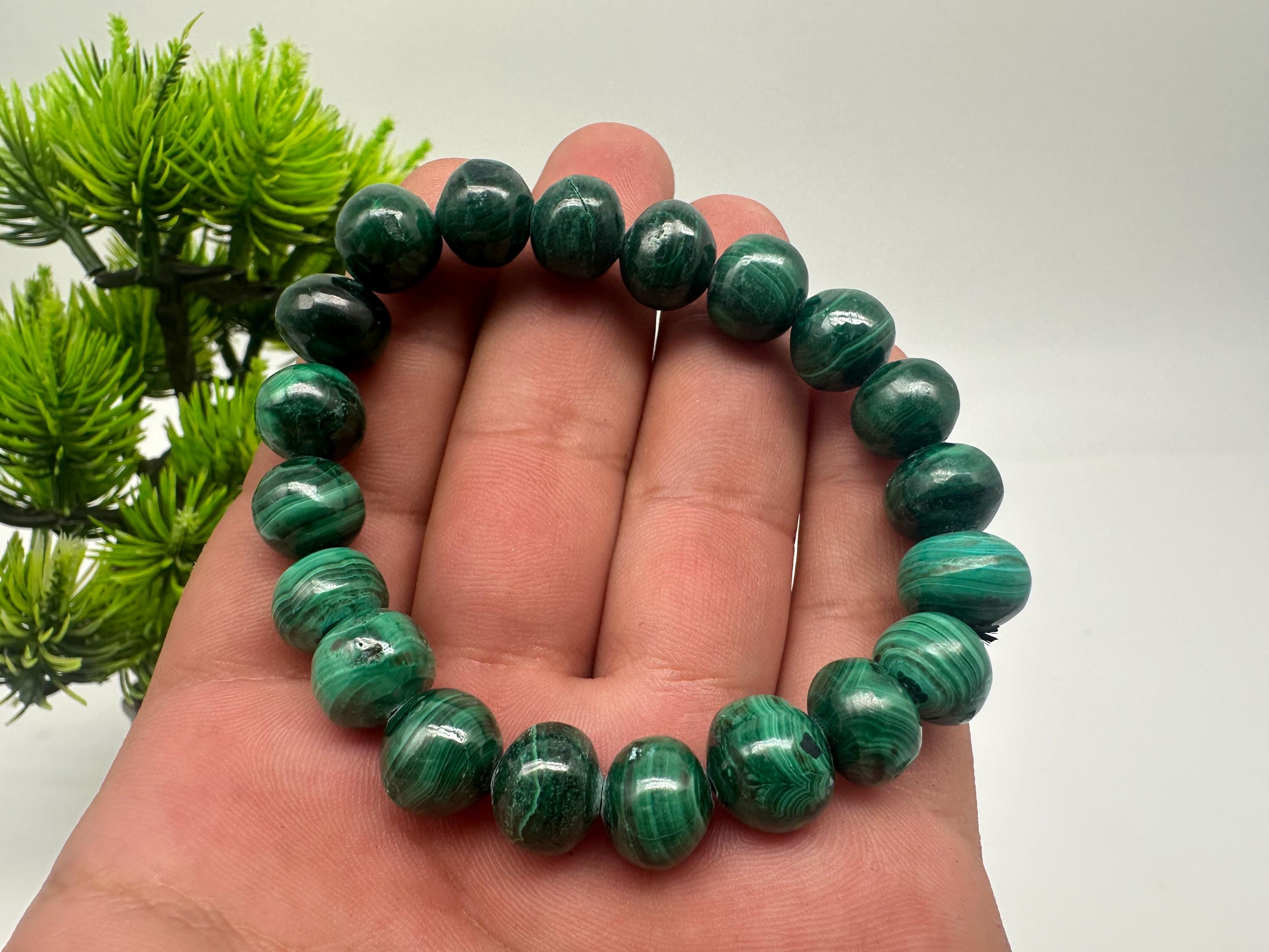手作り天然マラカイトブレスレット：10mmレイキヒーリングバングル
