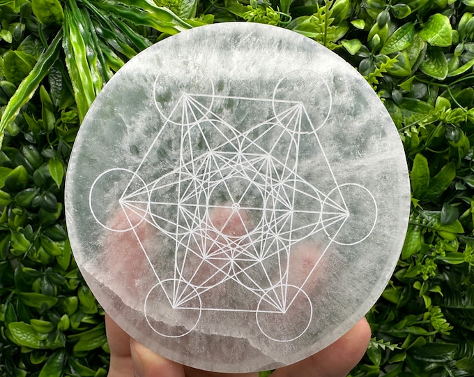 Featured listing image: Natural Selenite Charging Plate Energy Grid Sacred Geometry Metatron, Flower of Life, Moon Phases. Selenite Recharge Stones, Protection