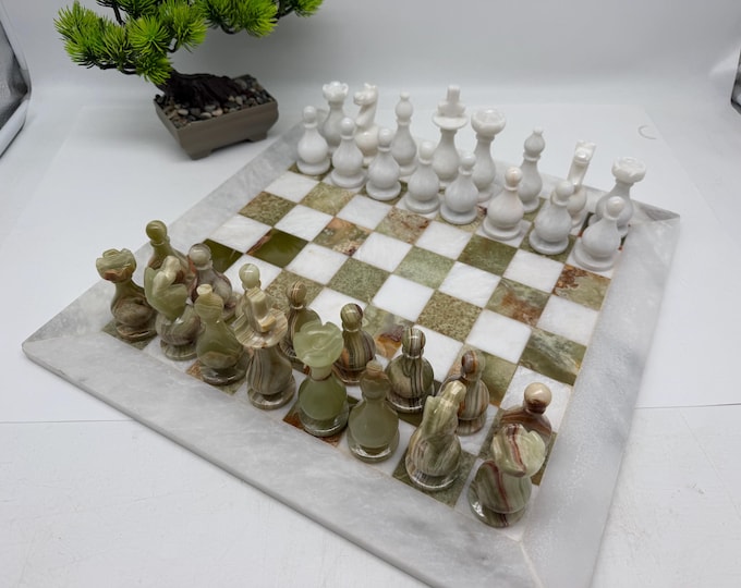 Featured listing image: Extra Large 40x40 cm Handmade Green & White Onyx Chess Set with Storage
