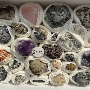 Könnte beinhalten: Eine Sammlung verschiedener roher Mineralexemplare und Kristalle, die jeweils einzeln in weißes Seidenpapier eingewickelt und in einer Schachtel angeordnet sind. Ein kleines weißes, rundes Etikett mit der handgeschriebenen Nummer 2177 liegt zwischen den Steinen, zu denen Amethyst, Rosenquarz, Pyrit und andere dunkle, texturierte geologische Formationen gehören.