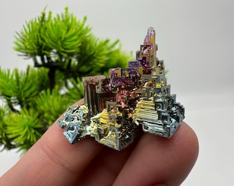 May include: A colorful bismuth crystal with a layered, geometric structure. The crystal displays a spectrum of iridescent colors, including blues, purples, yellows, and greens. The crystal is held in a hand, with a blurred green plant in the background.