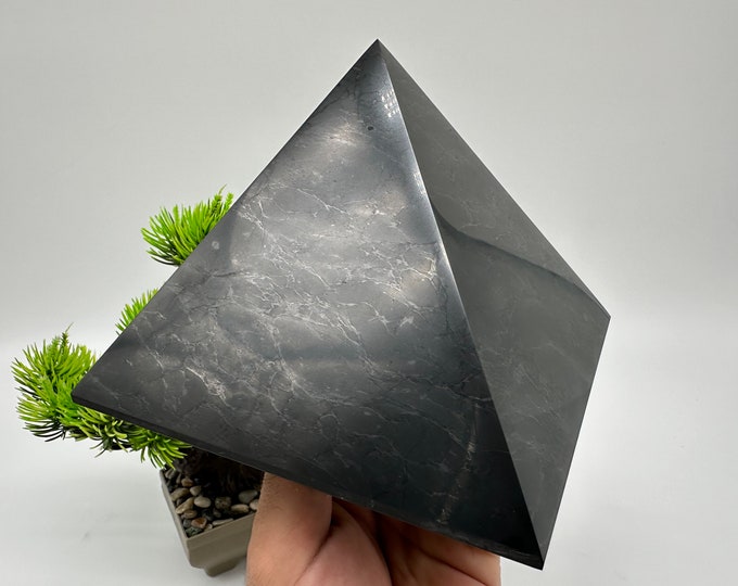 Featured listing image: 15 cm Shungite pyramid,5.9 inches Polished Shungite pyramid from Karelia,Russia,4G 5G EMF and Radiation Protection & Healing,Sacred geometry