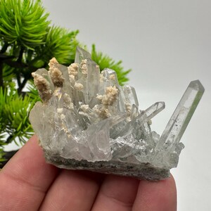 May include: A cluster of clear quartz crystals with a light gray, almost translucent, color. The crystals are clustered together in a natural formation, with some smaller crystals growing on top of larger ones. The crystals have a rough, natural texture.