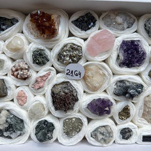 Puede incluir: Una colección de varios especímenes minerales en bruto y cristales envueltos individualmente en papel de seda blanco dentro de una caja rectangular. El surtido incluye amatista morada, cuarzo rosa, pirita metálica y piedras gris oscuro con el número 2164.
