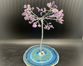 Amethyst Crystal Tree on Agate Slice: Feng Shui Home Decor