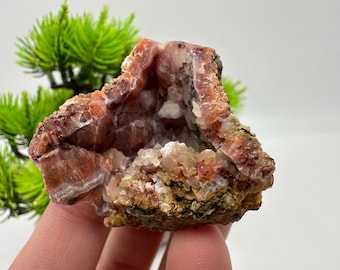 May include: A raw mineral specimen featuring a hollow geode center lined with clusters of translucent, pale pink and reddish-brown crystals. The exterior of the rock is textured, earthy, and brown, contrasting with the crystalline interior cavity.
