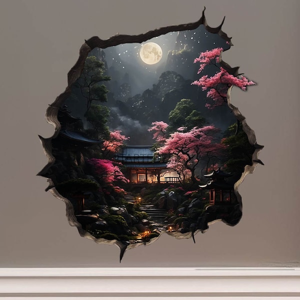 3D Magic Hole Wall Decal Sticker Removable Wall Decoration Awesome Gift Idea Baseboard Wall Sticker Decal Japanese garden at night Hole Wall