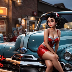 Betty Boop Svg With 50s Ford In Happy Days Style 3D Cartoon Betty Boop Png Editable on Canva Betty Boop Tumbler Wrap Betty Boop Wrap