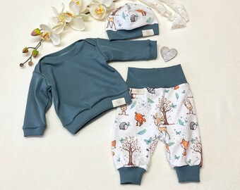 Baby Set Jersey Waldtiere, Pullover Hose Mütze, Frühchen, Geschenk Geburt, Outfit Baby Genderneutral, Erstausstattung viele Größen